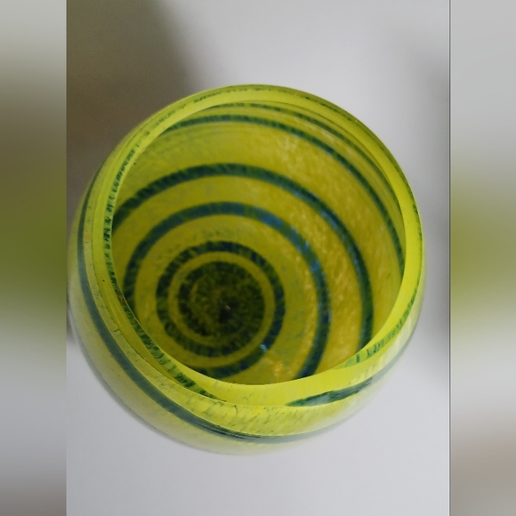 Vintage Czech Art Glass Hand Blown Yellow w/Blue Swirls Vase 11" - Picture 5 of 7